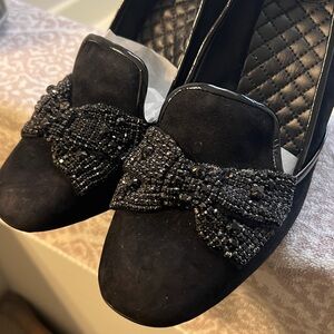 Tory Burch Black Suede block heel with sparkly black bows Size 11